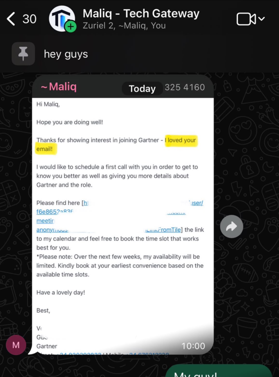 Hiring manager praising a student's email