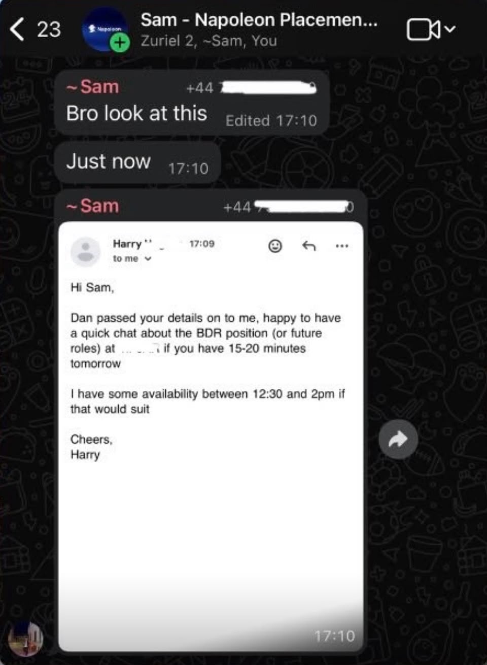 Hiring manager inviting a student to discuss a BDR role
