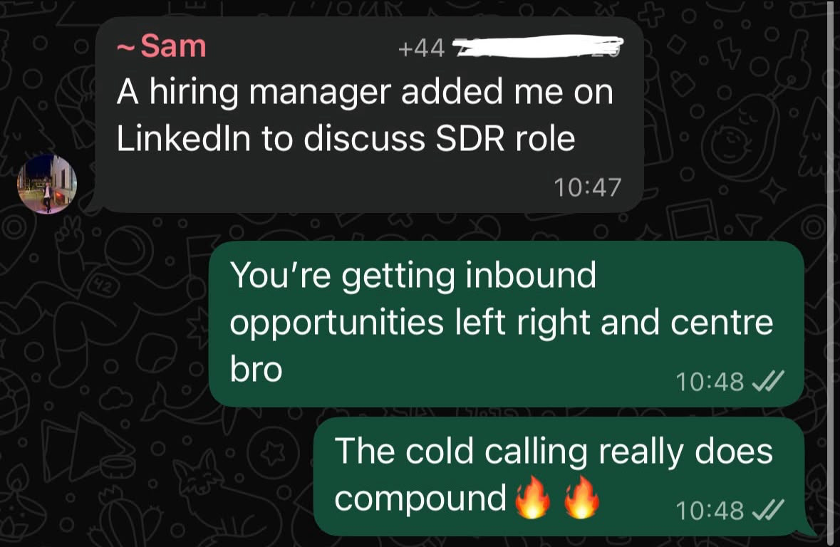 Hiring manager contacting a student about an SDR role